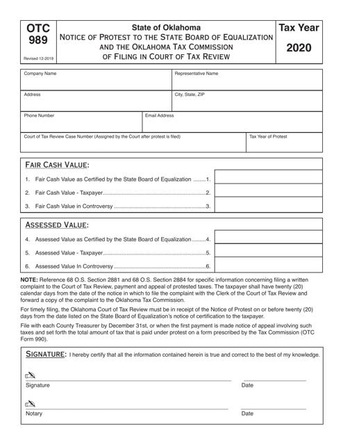 OTC Form 989 2020 Printable Pdf