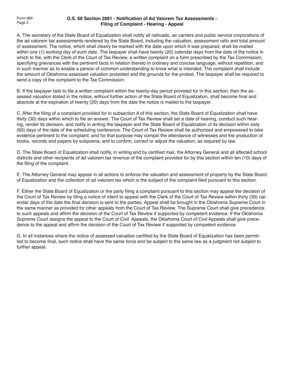 OTC Form 989 Notice of Protest to the State Board of Equalization and the Oklahoma Tax Commission of Filing in Court of Tax Review - Oklahoma, Page 2