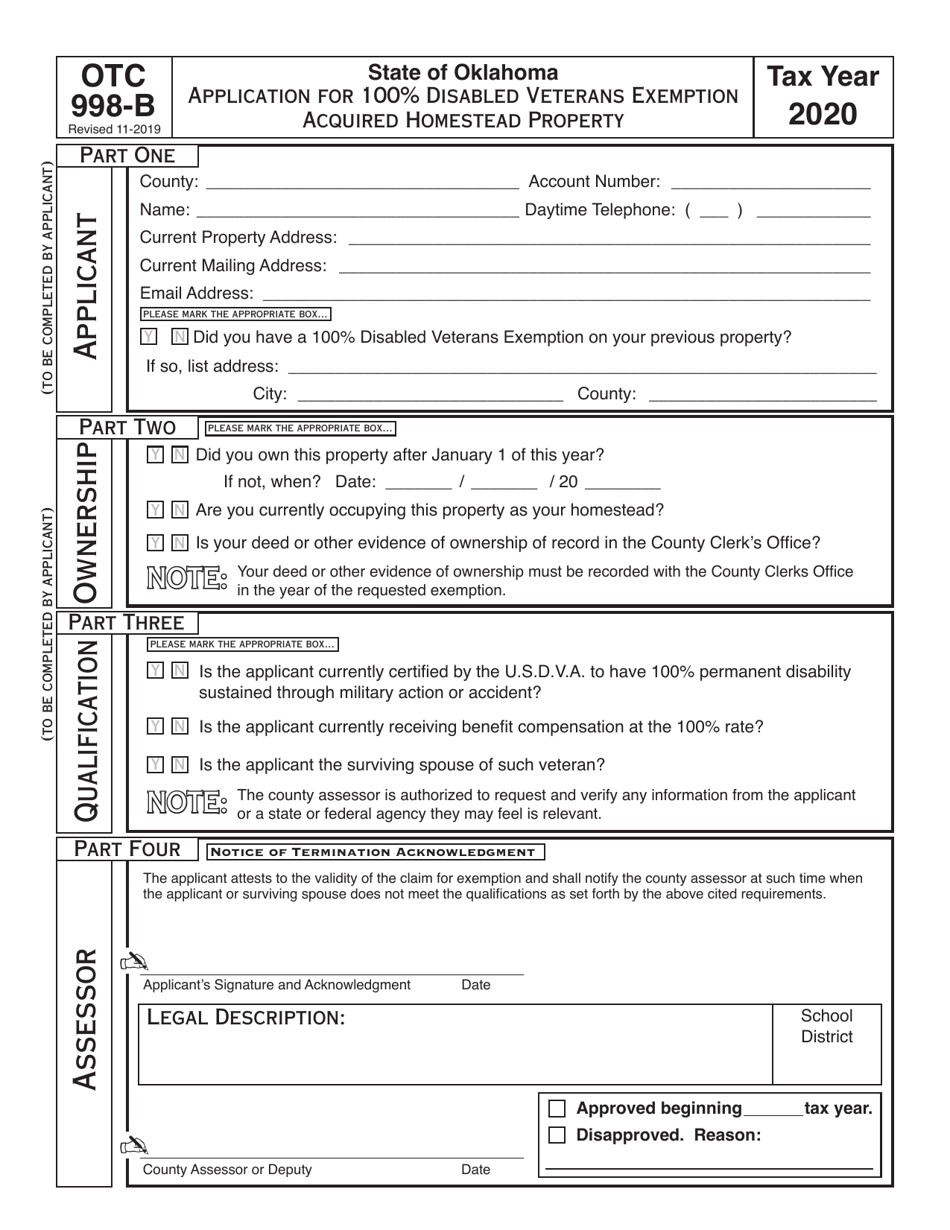 OTC Form 998-B Application for 100% Disabled Veterans Exemption Acquired Homestead Property - Oklahoma, Page 1