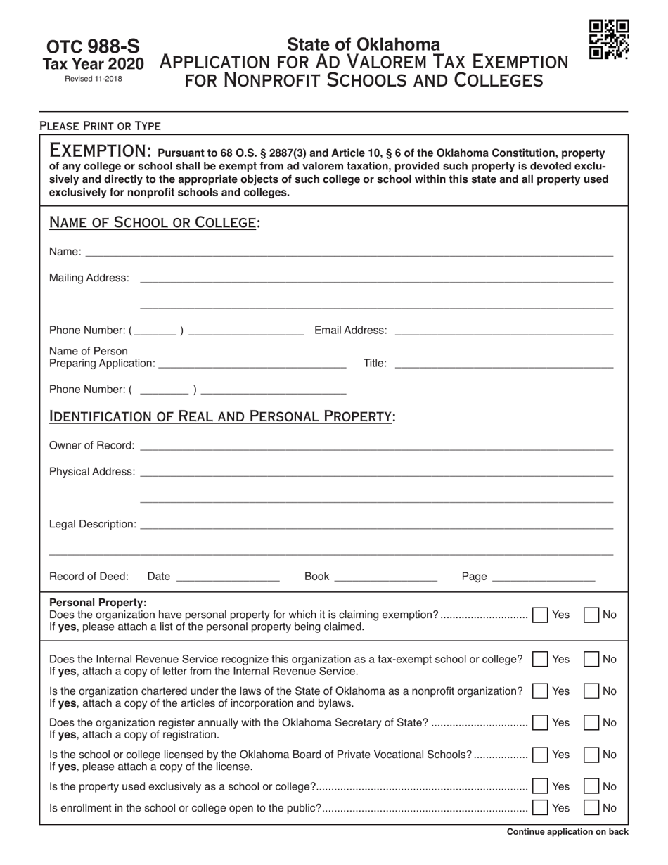 OTC Form 988-S Application for Ad Valorem Tax Exemption for Nonprofit Schools and Colleges - Oklahoma, Page 1