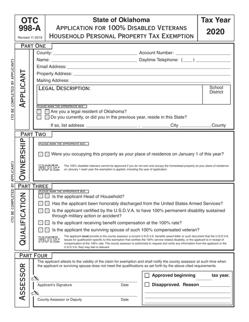 OTC Form 998-A 2020 Printable Pdf