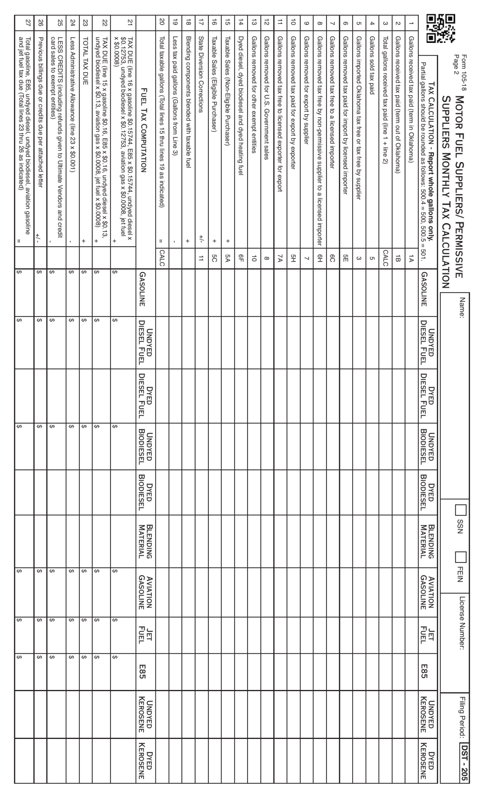 Form 105-18 Motor Fuel Suppliers / Permissive Suppliers Monthly Tax Calculation (For Filing Returns Prior to July 1, 2018) - Oklahoma, Page 3