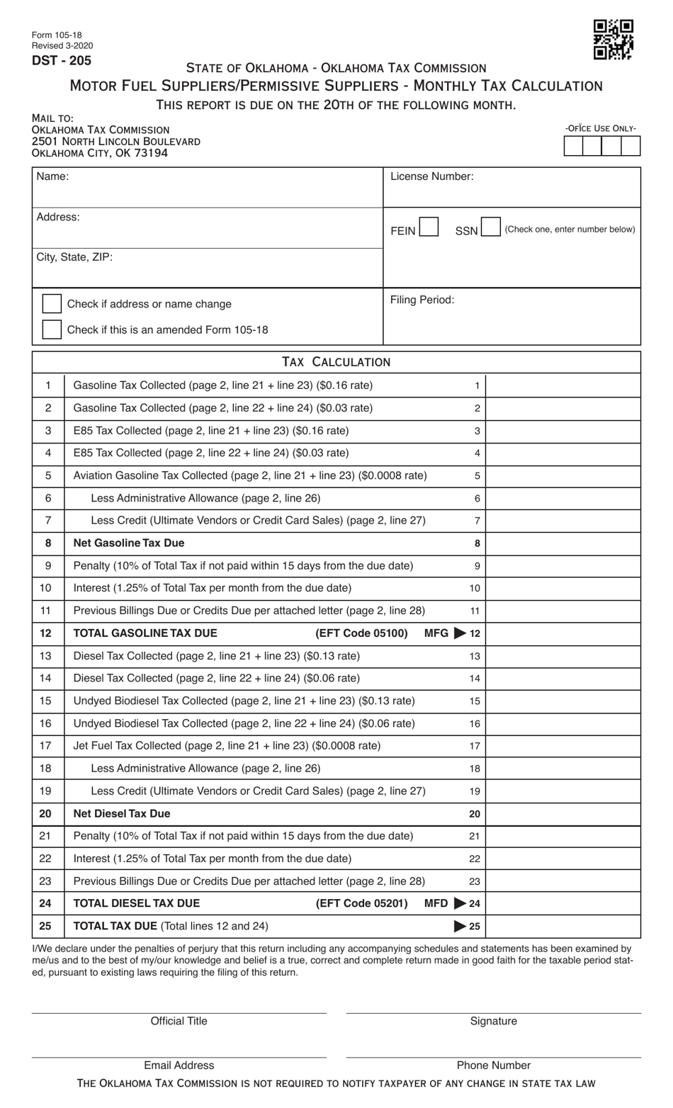 Form 105-18 Motor Fuel Suppliers / Permissive Suppliers Monthly Tax Calculation (For Filing Returns After July 1, 2018) - Oklahoma, Page 2