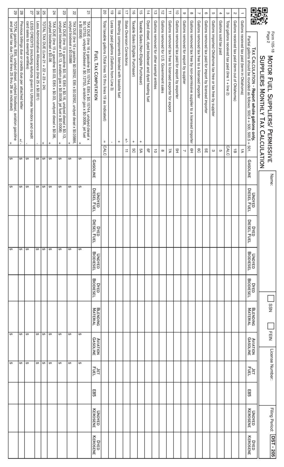 Form 105-18 Motor Fuel Suppliers / Permissive Suppliers Monthly Tax Calculation (For Filing Returns After July 1, 2018) - Oklahoma, Page 3