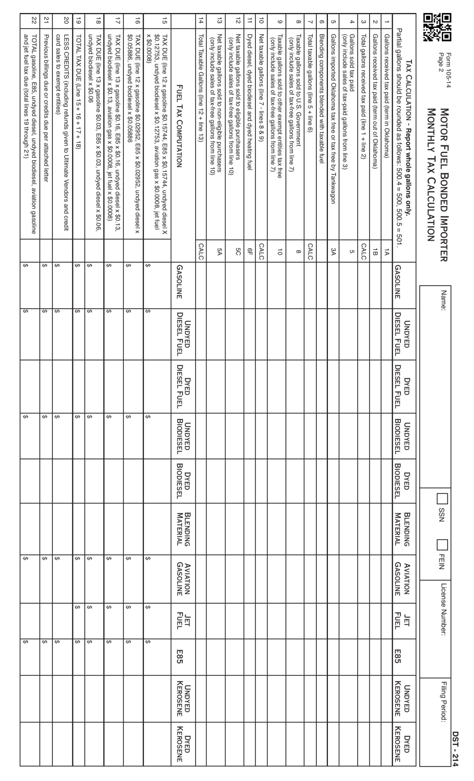 Form 105-14 Motor Fuel Bonded Importer Monthly Tax Calculation (For Filing Returns After July 1, 2018) - Oklahoma, Page 3