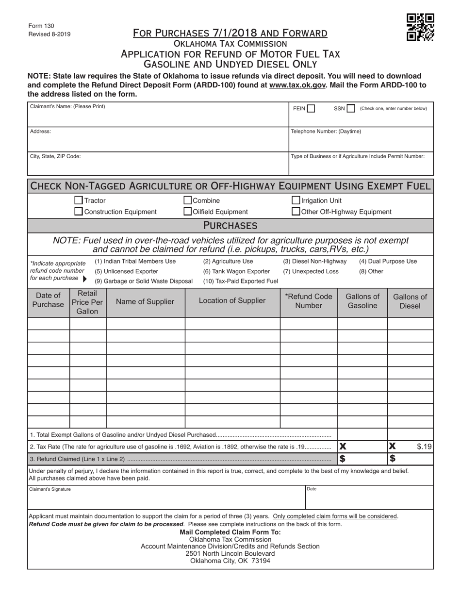Form 130 Application for Refund of Motor Fuel Tax - Gasoline and Undyed Diesel Only (For Purchases July 1, 2018 and Forward) - Oklahoma, Page 2