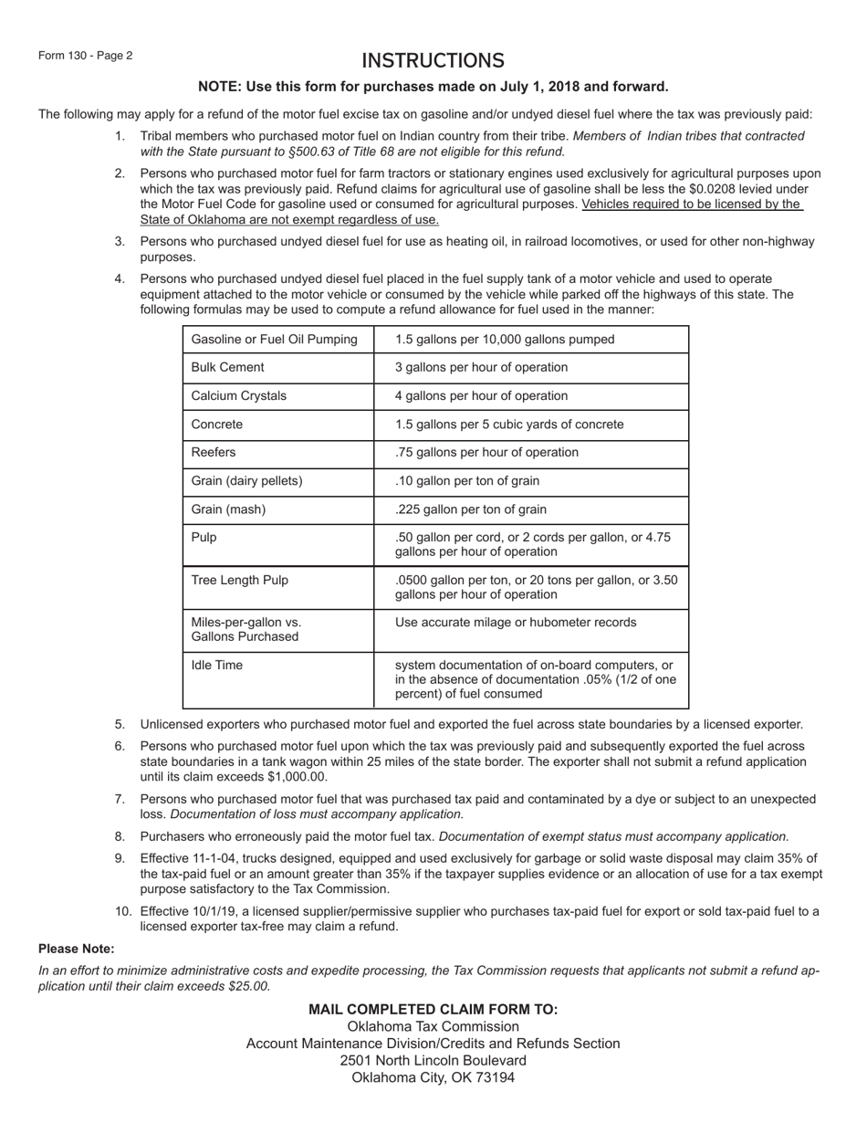 Form 130 Application for Refund of Motor Fuel Tax - Gasoline and Undyed Diesel Only (For Purchases July 1, 2018 and Forward) - Oklahoma, Page 3