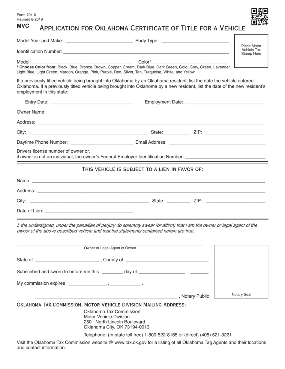 Form 701-6 Application for Oklahoma Certificate of Title for a Vehicle - Oklahoma, Page 1