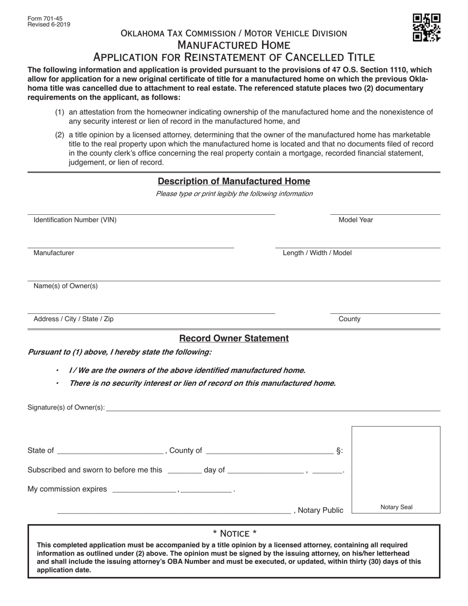 Form 701-45 Manufactured Home Application for Reinstatement of Cancelled Title - Oklahoma, Page 1