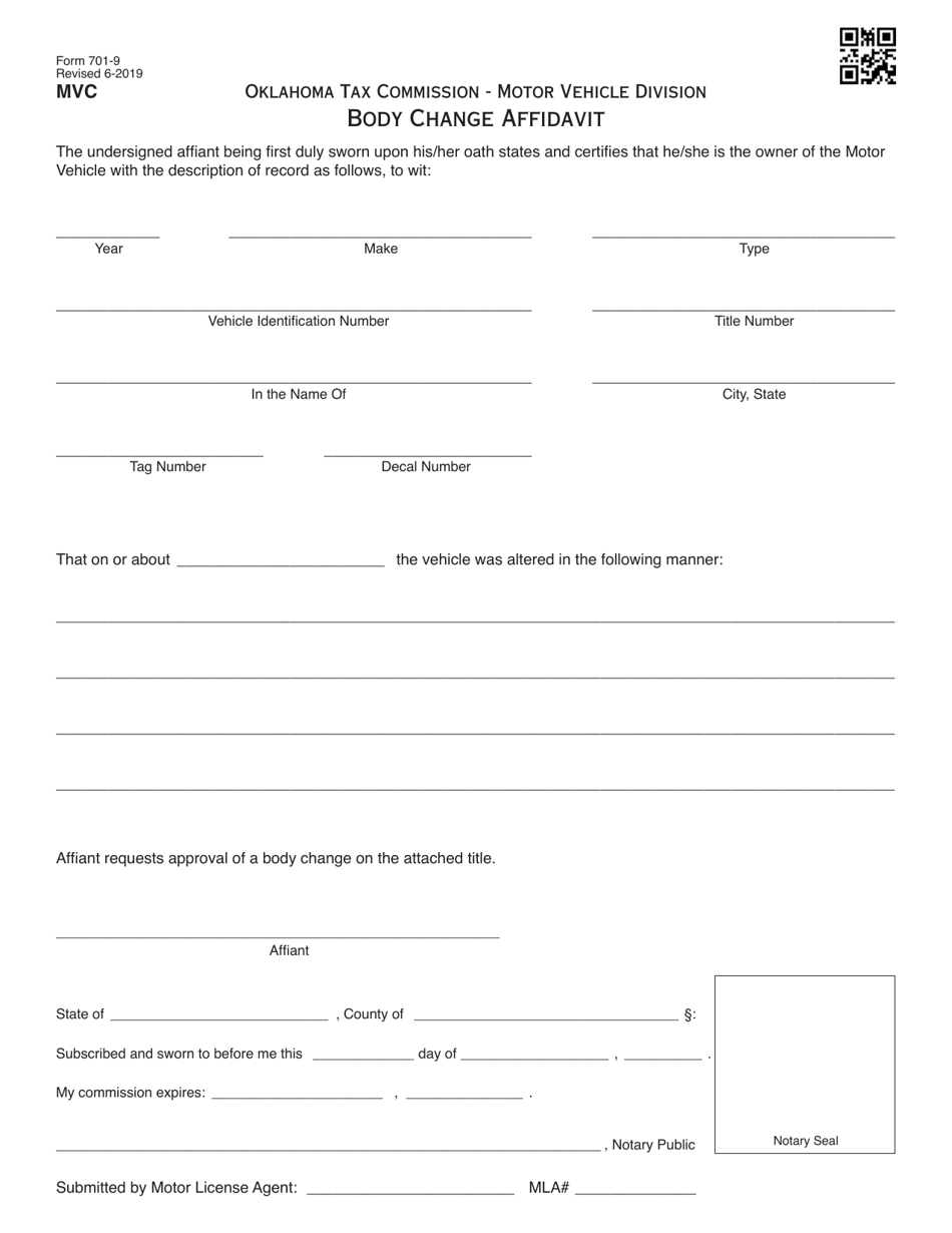 Form 701-9 Body Change Affidavit - Oklahoma, Page 1