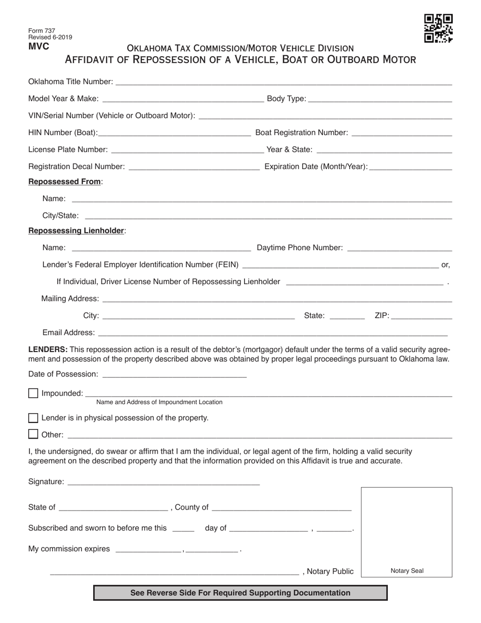 Form 737 Affidavit of Repossession of a Vehicle, Boat or Outboard Motor - Oklahoma, Page 1