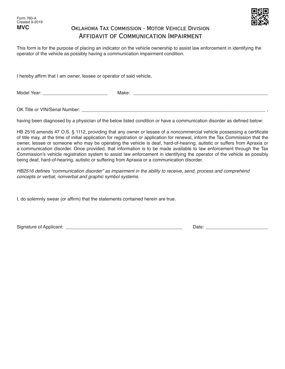 Form 760-A Affidavit of Communication Impairment - Oklahoma, Page 1