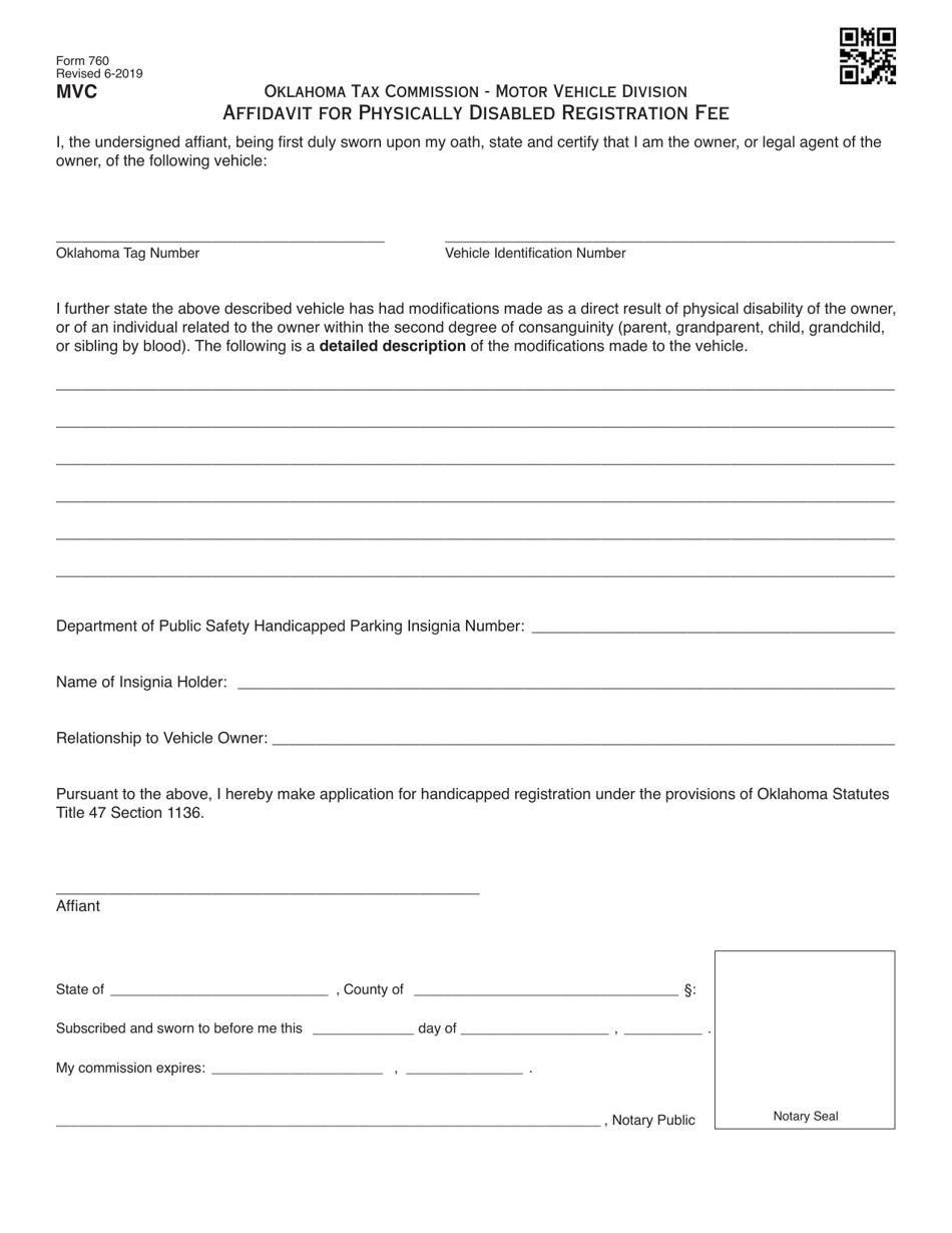 Form 760 Download Fillable Pdf Or Fill Online Affidavit For Physically Disabled Registration Fee Oklahoma Templateroller