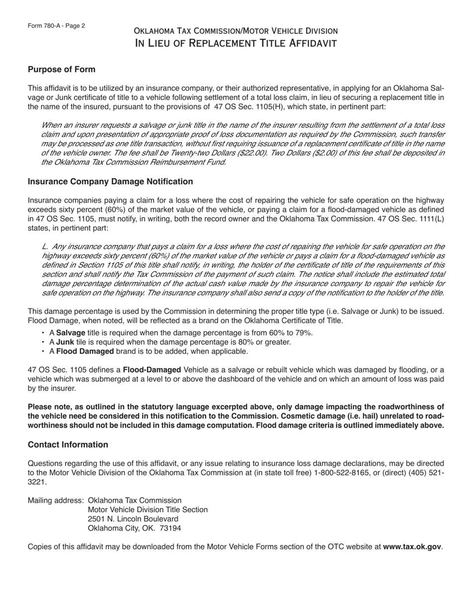 Form 780-A In Lieu of Replacement Title Affidavit - Insurance Company Affidavit for Issuance of a Salvage or Junk Certificate of Title Pursuant to 47 Oklahoma Statutes (Os) Section 1105(H) - Oklahoma, Page 2
