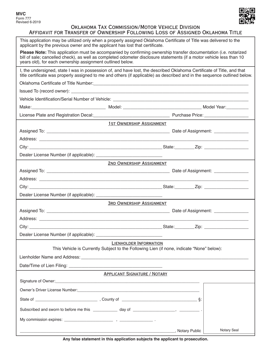 Form 777 Fill Out, Sign Online and Download Fillable PDF, Oklahoma