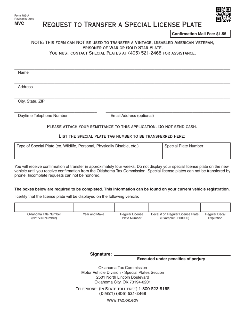 Form 783-A Request to Transfer a Special License Plate - Oklahoma, Page 1