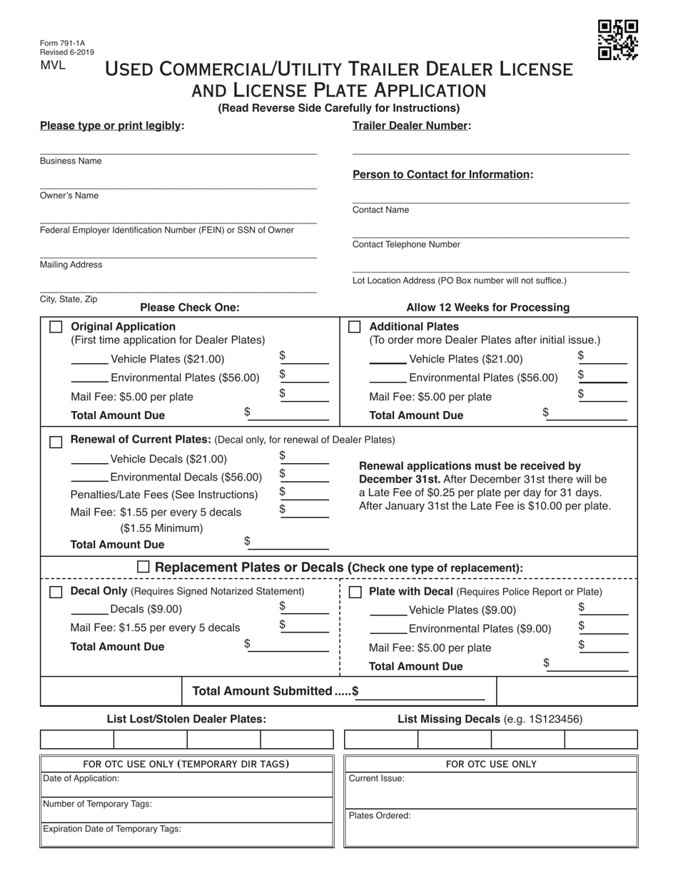 Form 791-1A Used Commercial / Utility Trailer Dealer License and License Plate Application - Oklahoma, Page 1