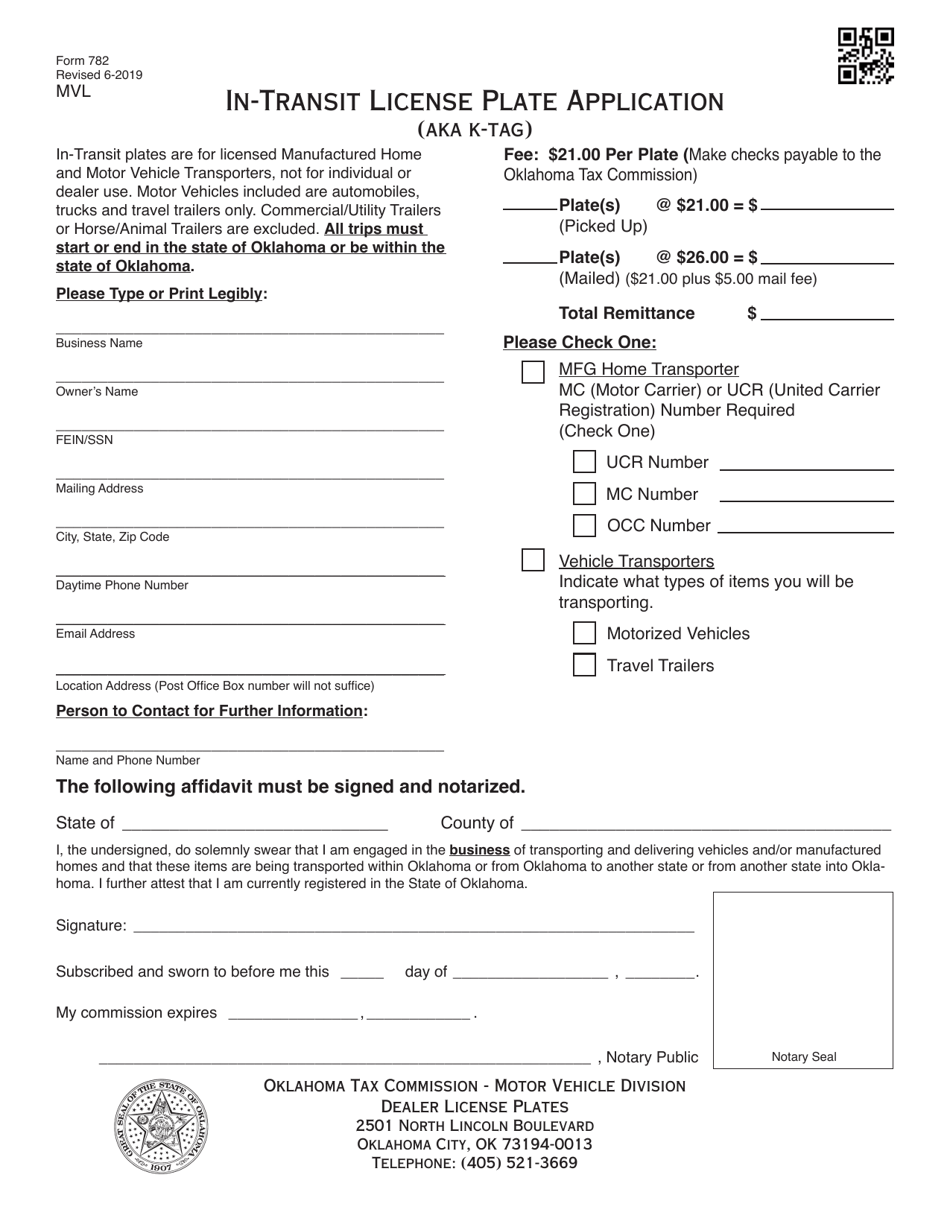 Form 782 In-transit License Plate Application (Aka K-Tag) - Oklahoma, Page 1