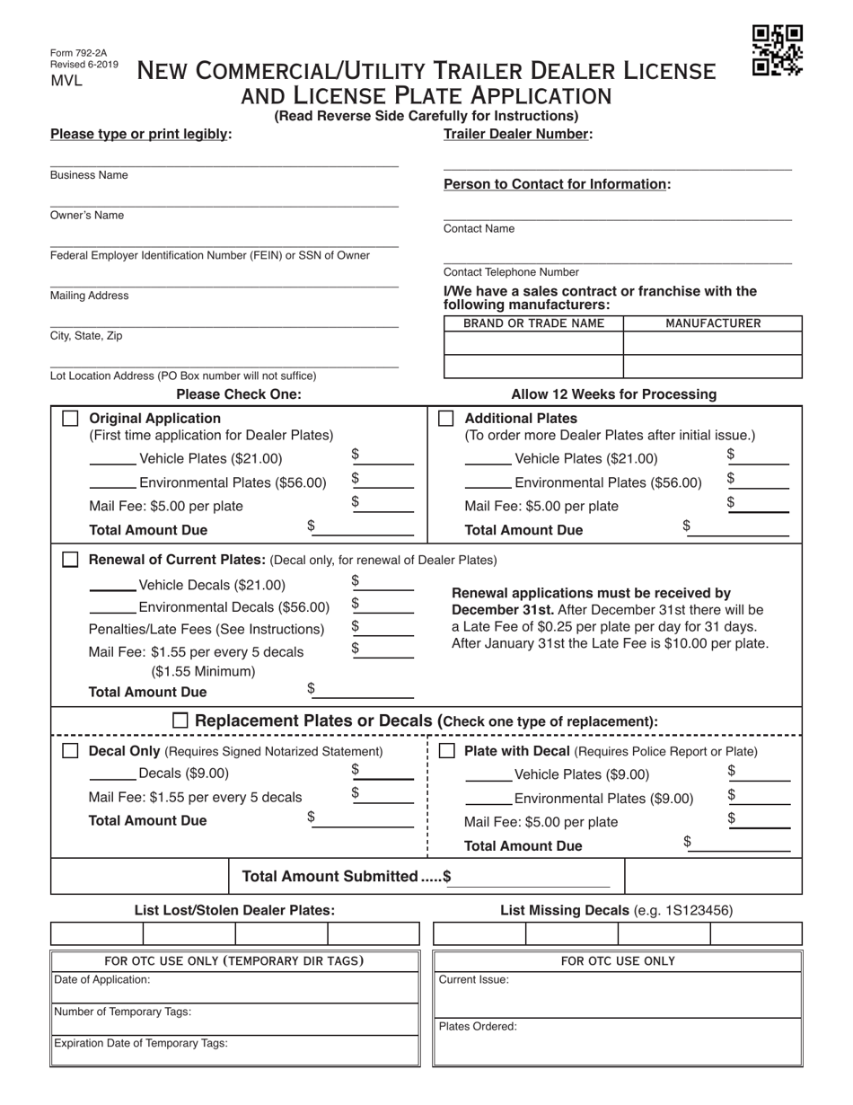 Form 792-2A New Commercial / Utility Trailer Dealer License and License Plate Application - Oklahoma, Page 1