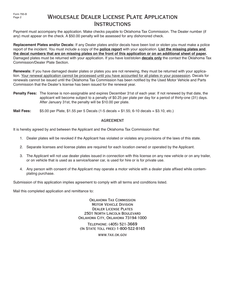 Form 795-B Wholesale Dealer License Plate Application - Oklahoma, Page 2