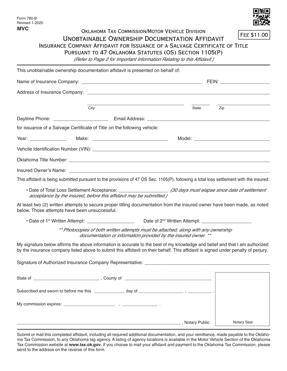Form 780-B Unobtainable Ownership Documentation Affidavit - Insurance Company Affidavit for Issuance of a Salvage Certificate of Title Pursuant to 47 Oklahoma Statutes (Os) Section 1105(P) - Oklahoma, Page 1