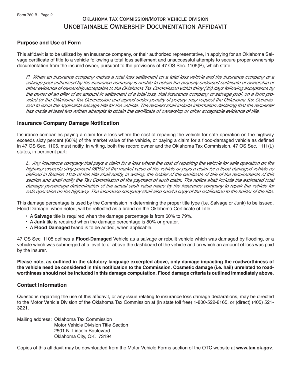 Form 780B Fill Out, Sign Online and Download Fillable PDF, Oklahoma