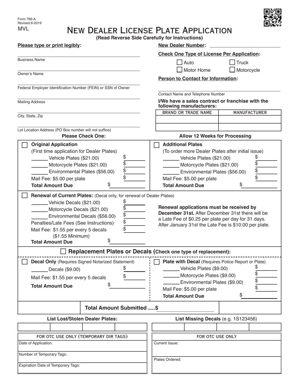 Form 796-A New Dealer License Plate Application - Oklahoma, Page 1