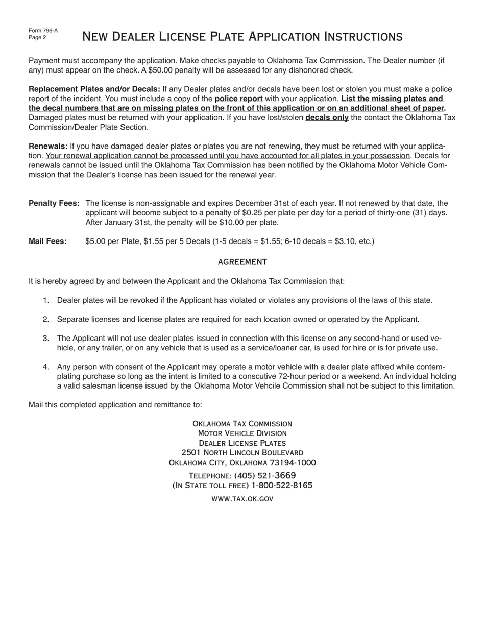 Form 796-A New Dealer License Plate Application - Oklahoma, Page 2