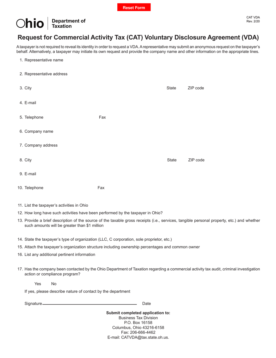 Form CAT VDA Download Fillable PDF or Fill Online Request for