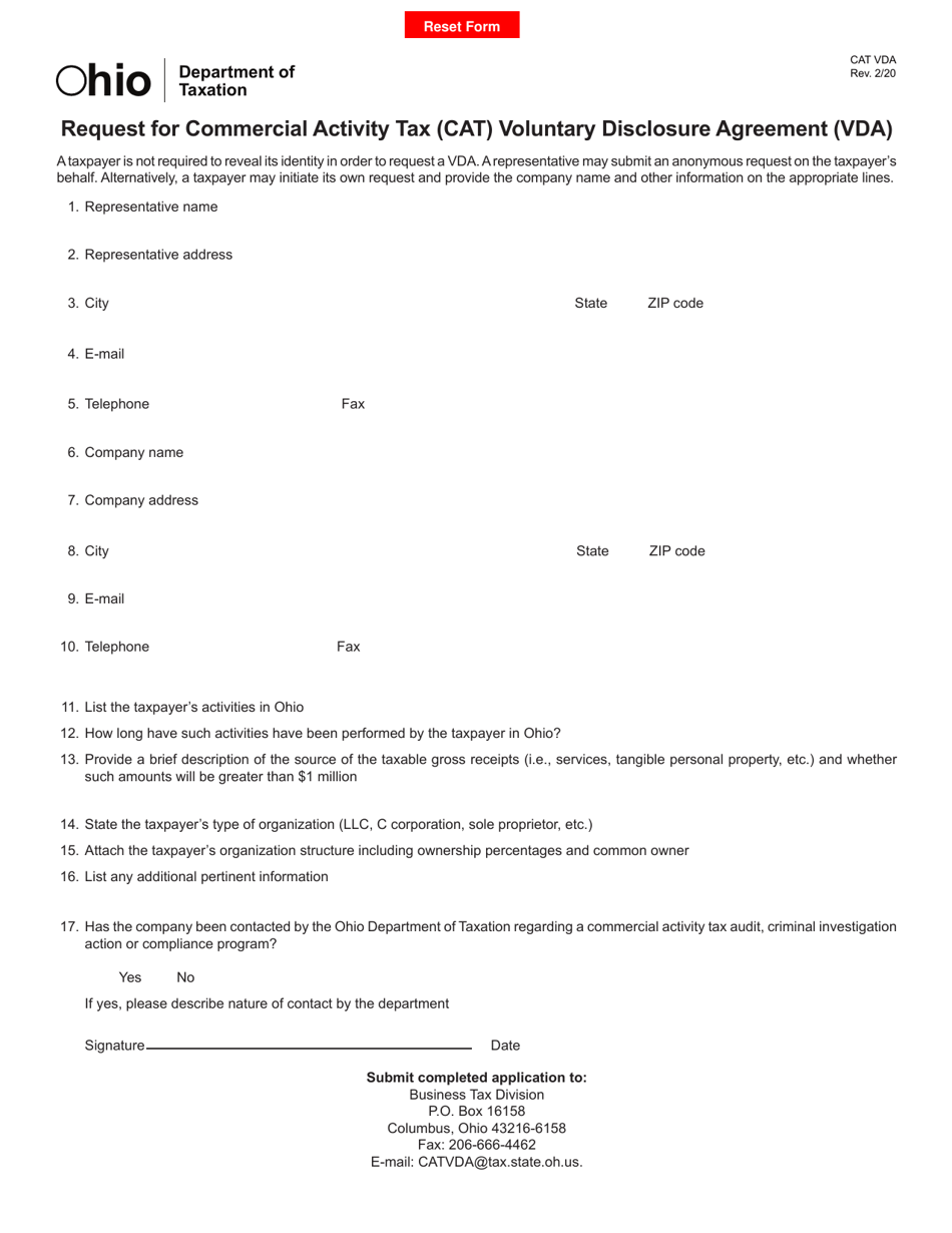 Form CAT VDA Request for Commercial Activity Tax (CAT) Voluntary Disclosure Agreement (Vda) - Ohio, Page 1