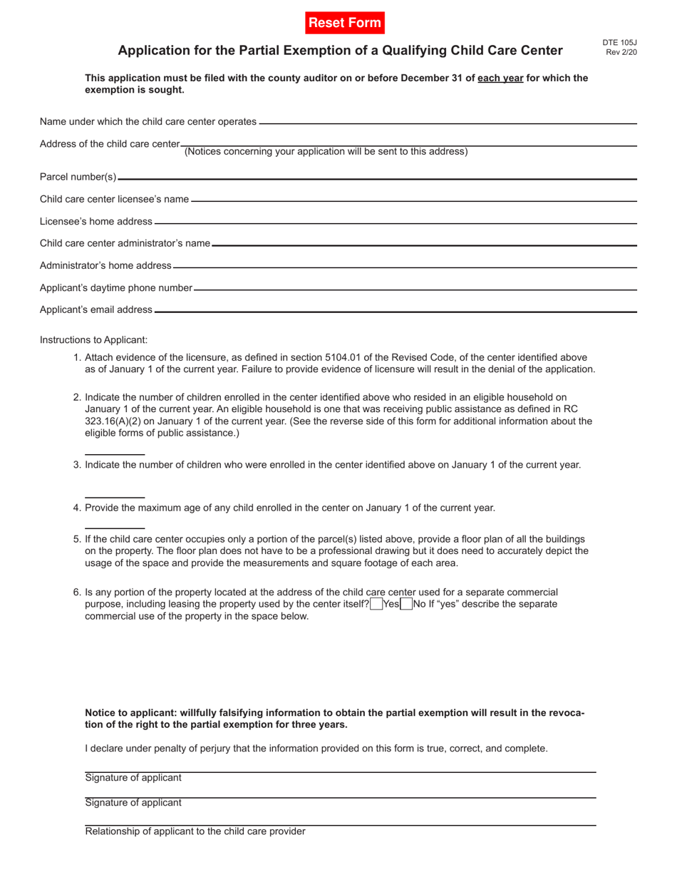 Form DTE105J Application for the Partial Exemption of a Qualifying Child Care Center - Ohio, Page 1