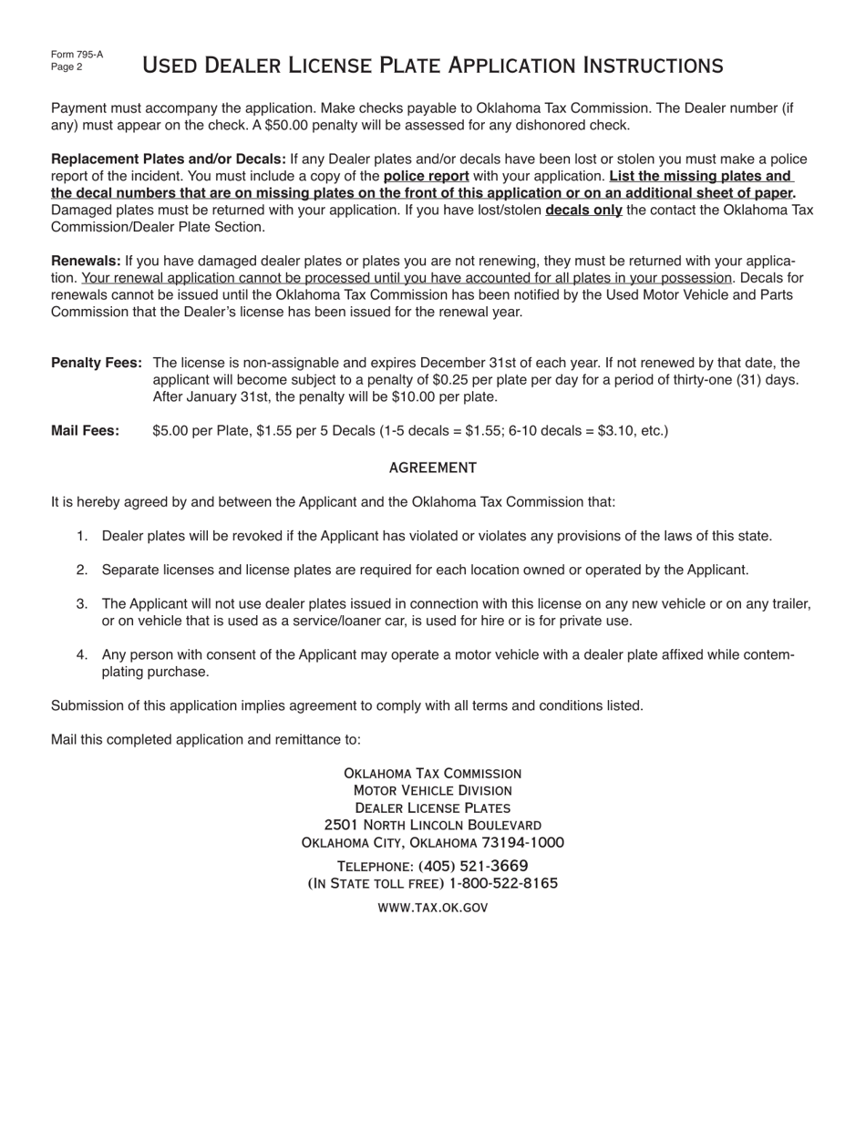 Form 795-A Used Dealer License Plate Application - Oklahoma, Page 2