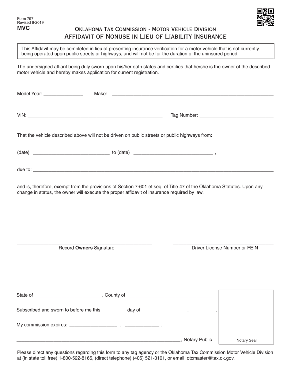 Form 797 Affidavit of Nonuse in Lieu of Liability Insurance - Oklahoma, Page 1