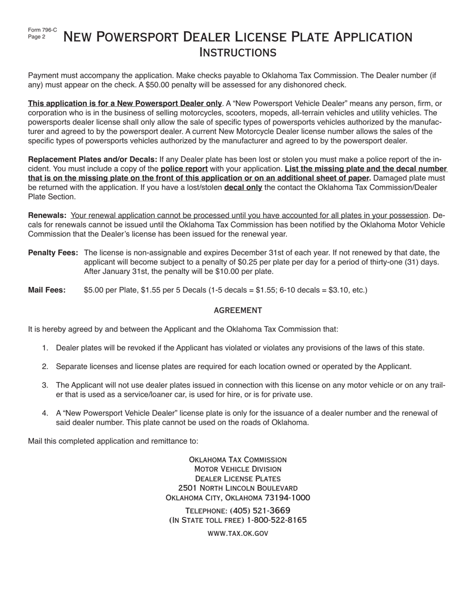 Form 796-C New Powersport Dealer License Plate Application - Oklahoma, Page 2