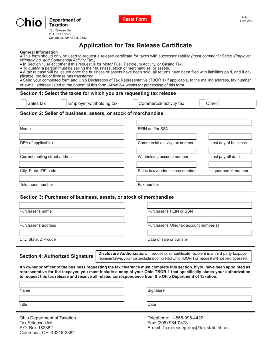 Form TR REL Application for Tax Release Certificate - Ohio, Page 1