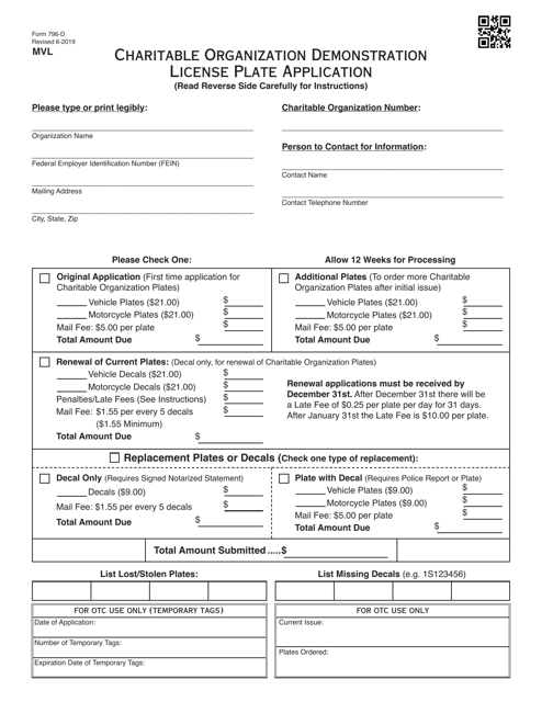 Form 796-D Charitable Organization Demonstration License Plate Application - Oklahoma