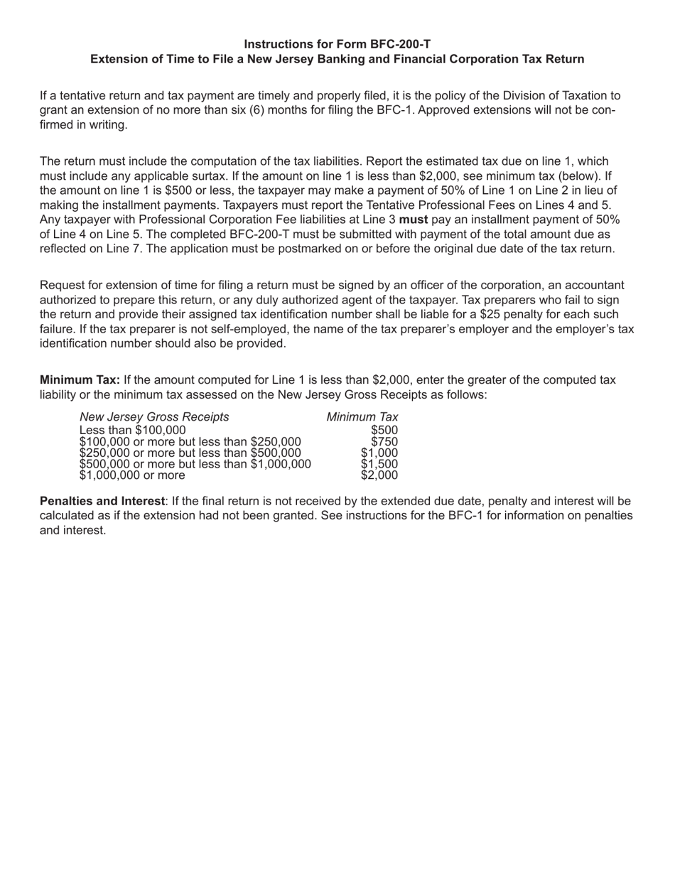Form BFC-200-T Tentative Return and Application for Extension of Time to File the New Jersey Banking and Financial Corporation Tax Return (Form Bfc-1) - New Jersey, Page 2