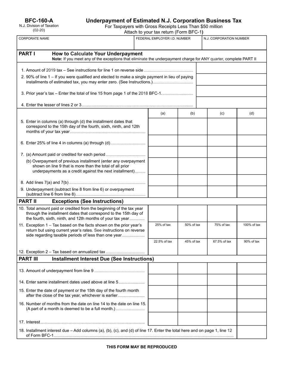 Form BFC-160-A Underpayment of Estimated N.j. Corporation Business Tax - New Jersey, Page 1