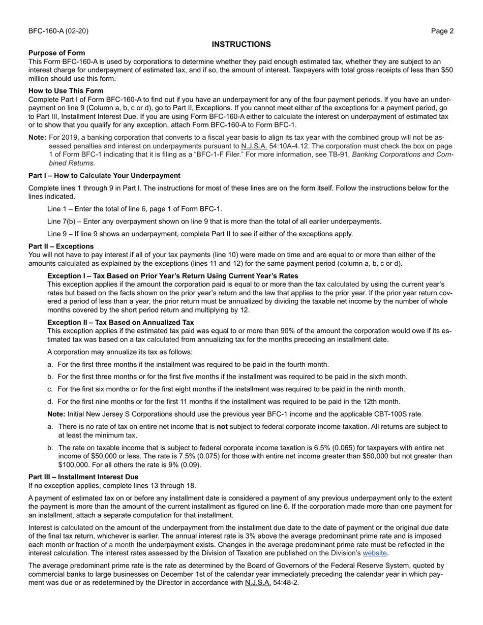 Form BFC-160-A Underpayment of Estimated N.j. Corporation Business Tax - New Jersey, Page 2