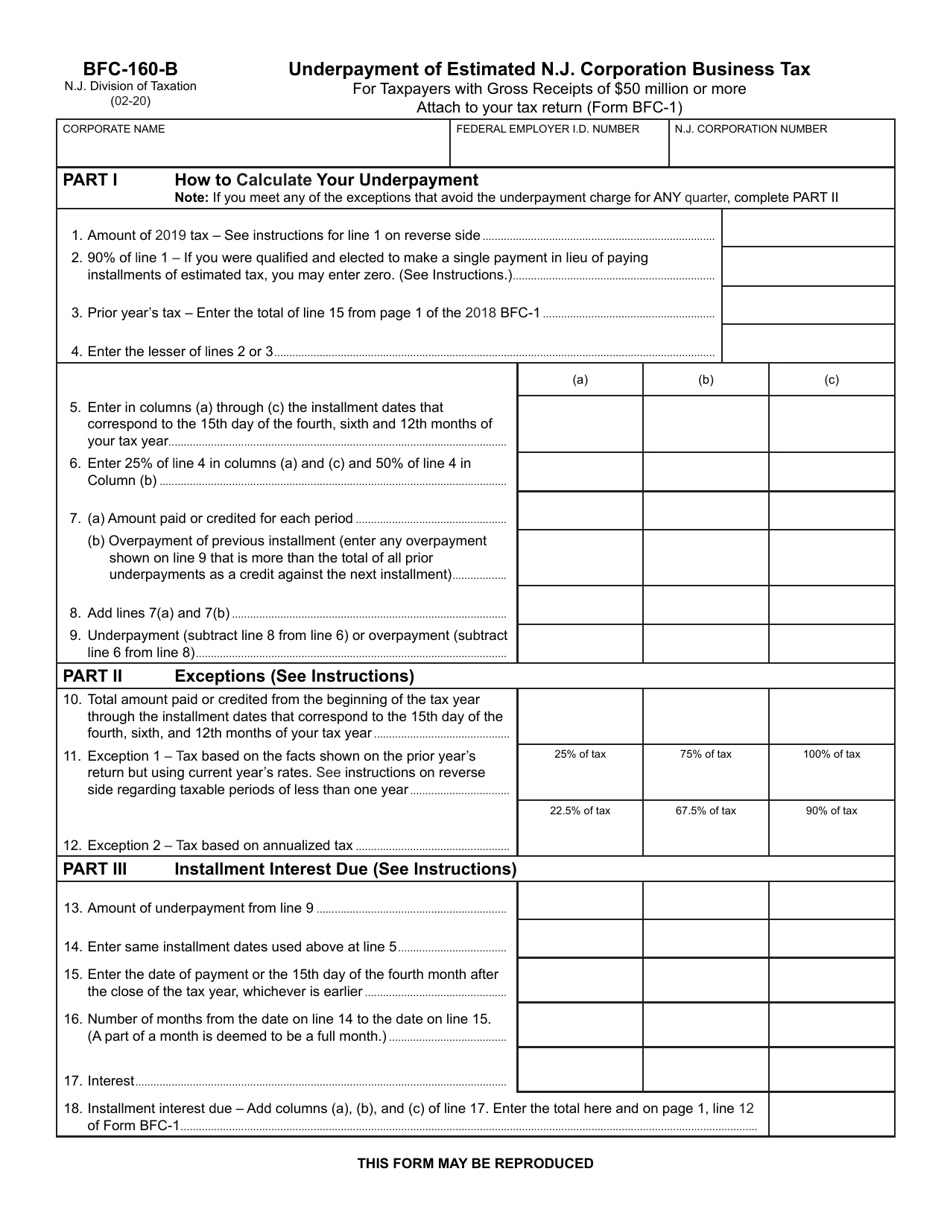 Form BFC-160-B Underpayment of Estimated N.j. Corporation Business Tax - New Jersey, Page 1