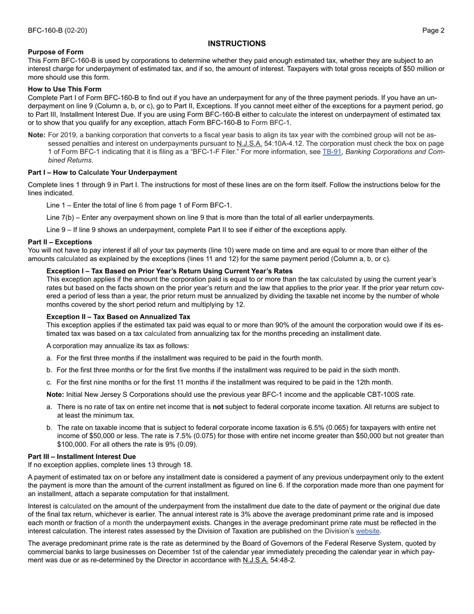 Form BFC-160-B Underpayment of Estimated N.j. Corporation Business Tax - New Jersey, Page 2