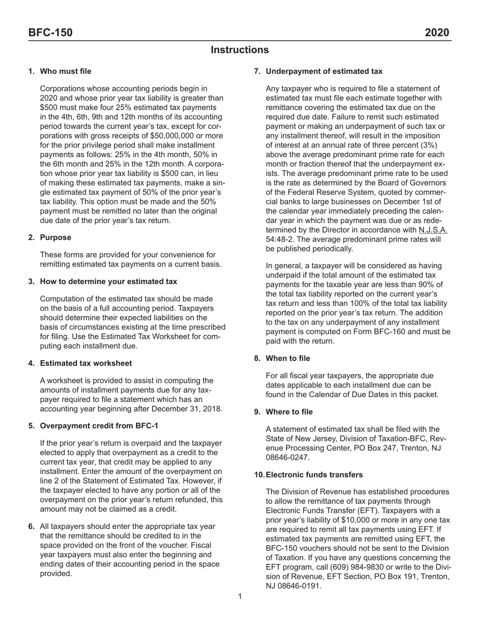 Form BFC-150 Statement of Estimated Tax - New Jersey, Page 2