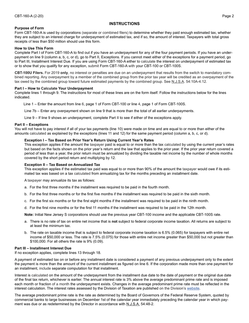 Form CBT-160-A Underpayment of Estimated N.j. Corporation Business Tax for Taxpayers With Gross Receipts of Less Than $50 Million - New Jersey, Page 2