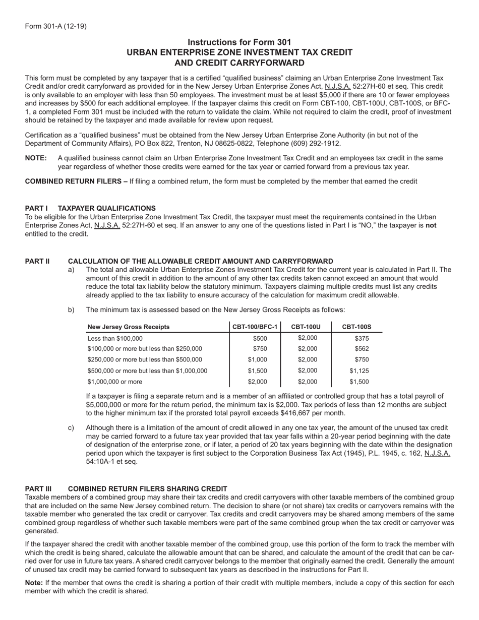 Form 301 Urban Enterprise Zone Investment Tax Credit and Credit Carry Forward - New Jersey, Page 3