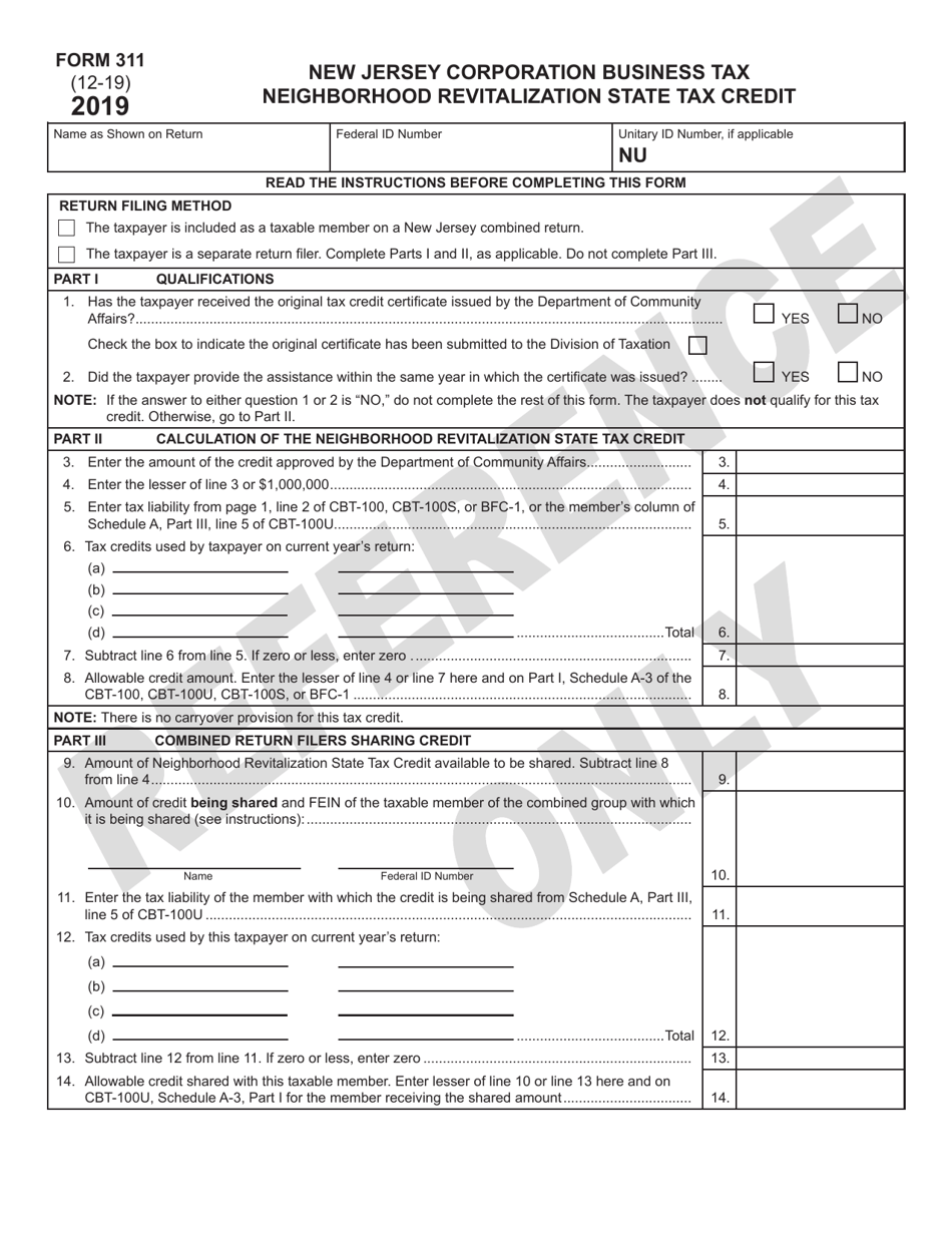 Form 311 Neighborhood Revitalization State Tax Credit - New Jersey, Page 1