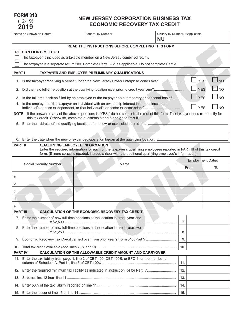 Form 313 Economic Recovery Tax Credit - New Jersey, Page 1