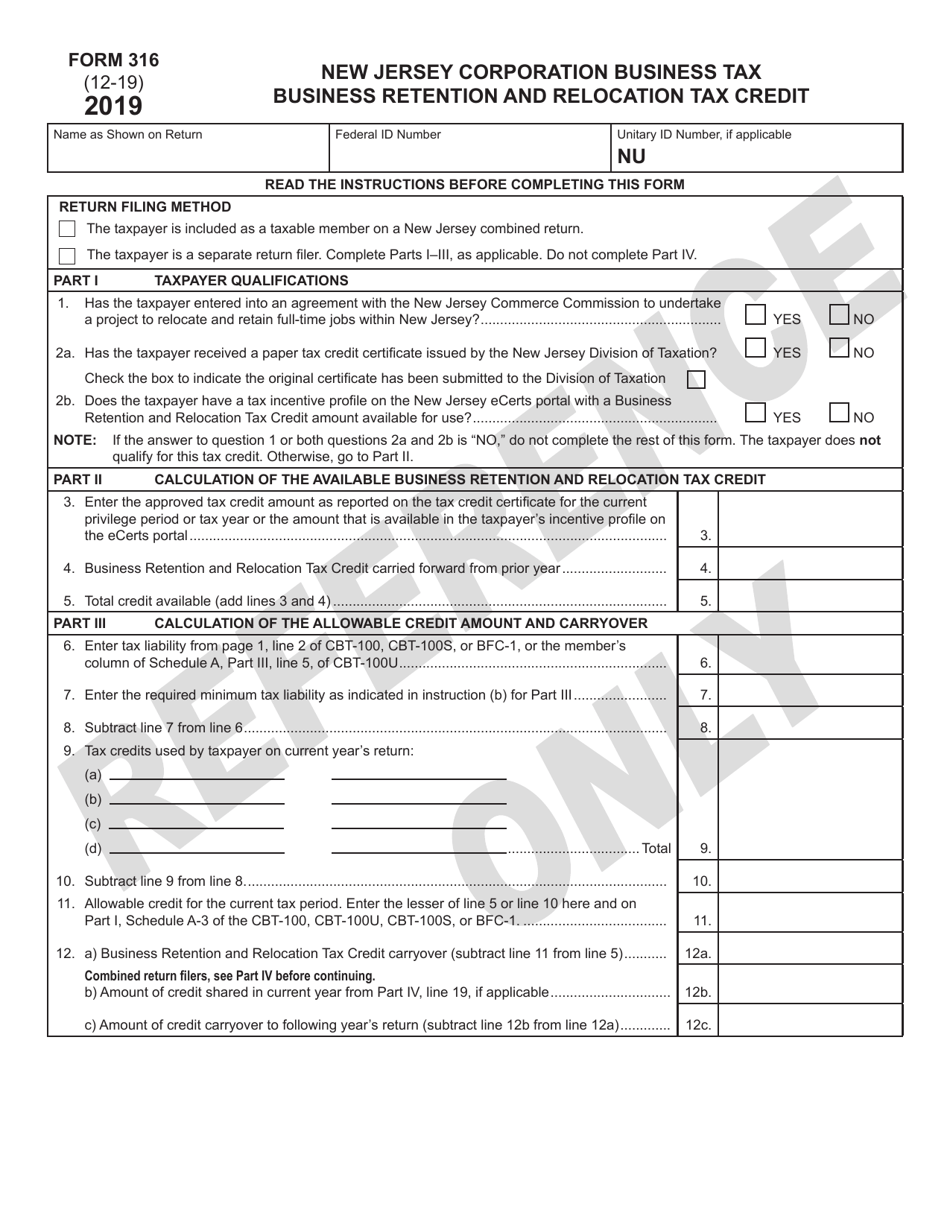 Form 316 Business Retention and Relocation Tax Credit - New Jersey, Page 1
