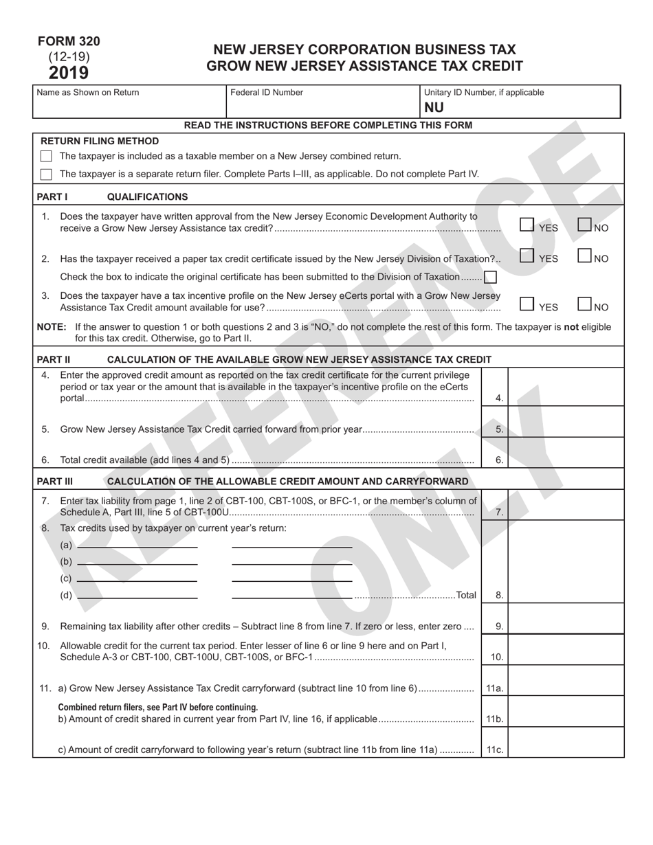 Form 320 Grow New Jersey Assistance Tax Credit - New Jersey, Page 1