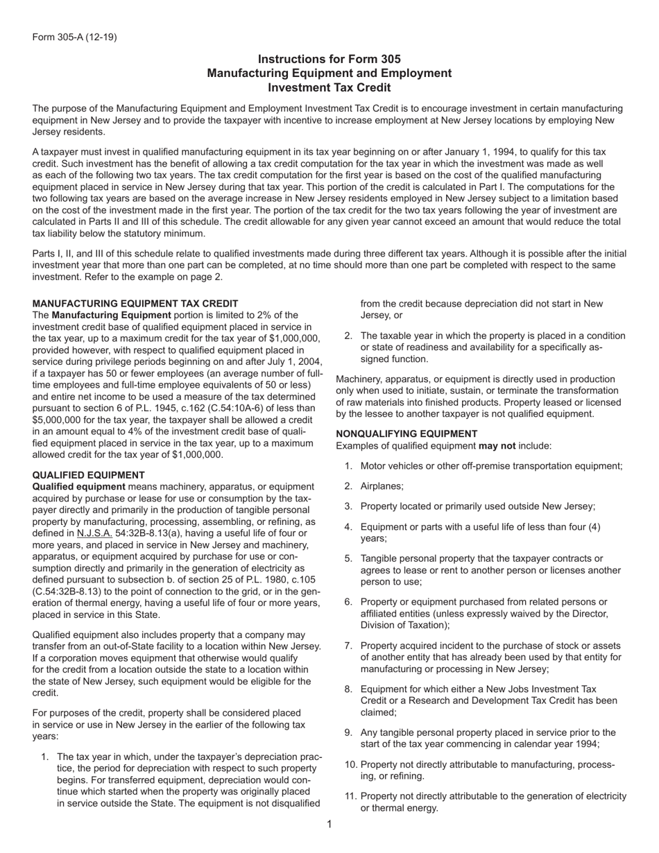 Form 305 Manufacturing Equipment and Employment Investment Tax Credit - New Jersey, Page 3