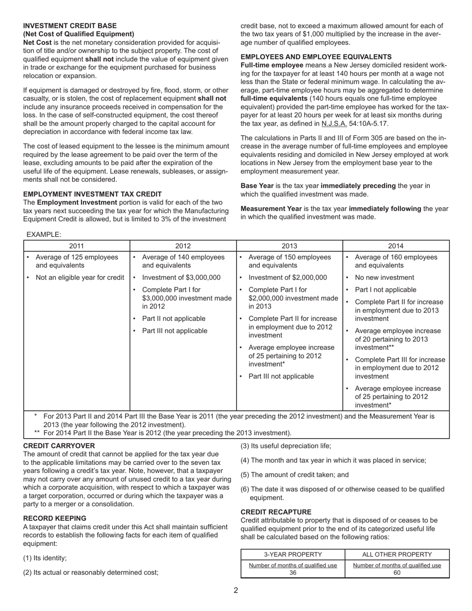Form 305 Manufacturing Equipment and Employment Investment Tax Credit - New Jersey, Page 4